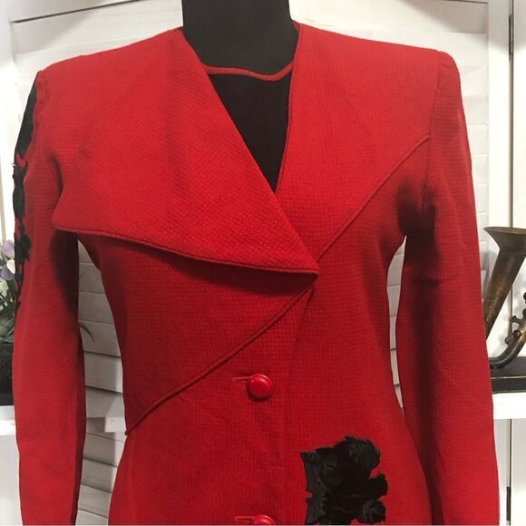 Valentino Vintage Red Blazer Dress Black Roses Size 6 - Picture 4 of 14